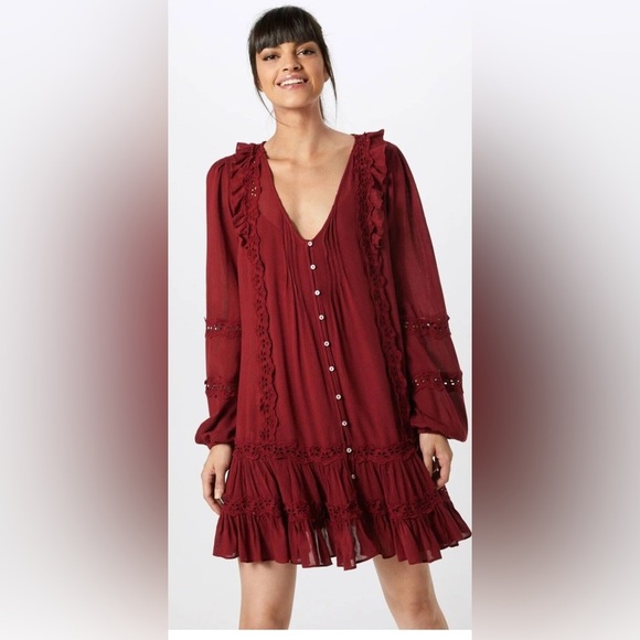 Free People Snow Angel mini boho maroon oversized shapeless dress Elegant SZ/L - Picture 4 of 13